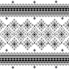 Minimal seamless pattern with black ornamental floral motifs and geometric curves on white background. Perfect for textile prints, wallpaper, wrapping paper, tiles, fashion fabrics.