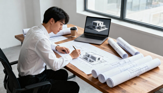 Young Asian architect designing modern building at desk. Engineer drawing blueprint plan. Designer with laptop showing 3D house model. Real estate, construction, development concept.