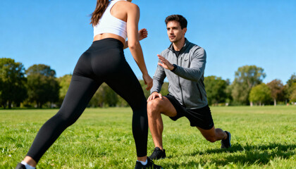 Personal trainer coaching a woman during an outdoor workout. Fitness instructor teaching lunges in the park. Concept of healthy lifestyle, exercise, wellness, and training.