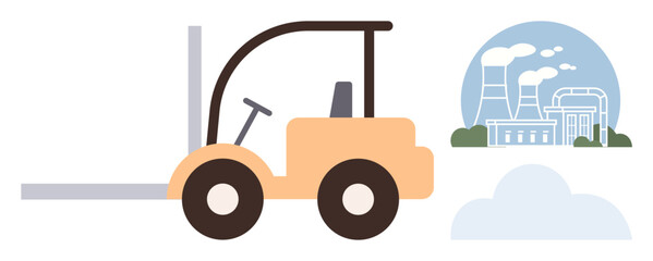 Forklift with visible fork near an industrial factory with smoke stacks and cooling towers. Ideal for logistics, transportation, manufacturing, environmental impact, distribution, sustainability