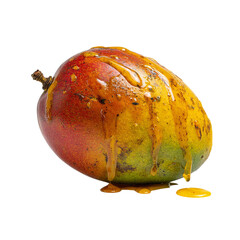 Png of closeup of a ripe mango with honey dripping down its skin, isolated on transparent background, showcasing its vibrant colors
