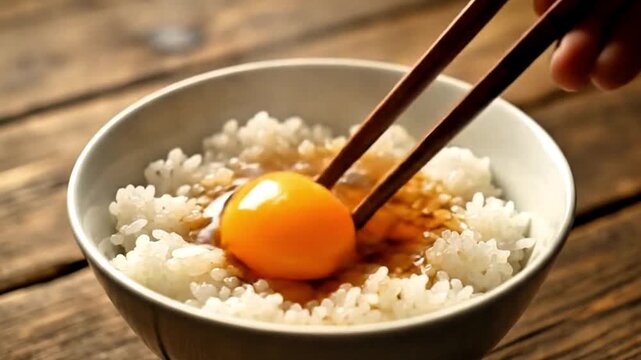 Video, close-up, user's hand eating Tamago Kake Gohan (TKG) (卵かけご飯), a Japanese food
