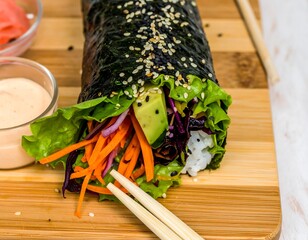 Colorful sushi roll on a wooden board