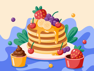 Delicious Pancake Stack with Fresh Fruits and Syrup Cartoon Illustration Perfect for Breakfast or Dessert Concepts and Food Related Projects