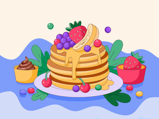 Delicious Pancake Stack with Fresh Fruits and Syrup A Vibrant Cartoon Illustration for Breakfast and Dessert Lovers