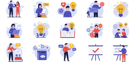 A grid of fifteen flatdesign illustrations depicting people interacting with ideas learning and business tasks © Faisal