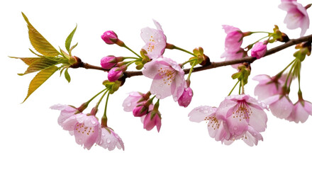 Obraz premium Cherry blossom branch with flowers and water drops isolated cutout transparent png
