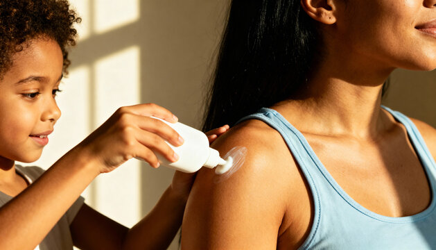 Cute little daughter applying sunscreen lotion on mother's shoulder. Concept of family care, mother-daughter bonding, sun protection, skincare, health, wellness, and love.