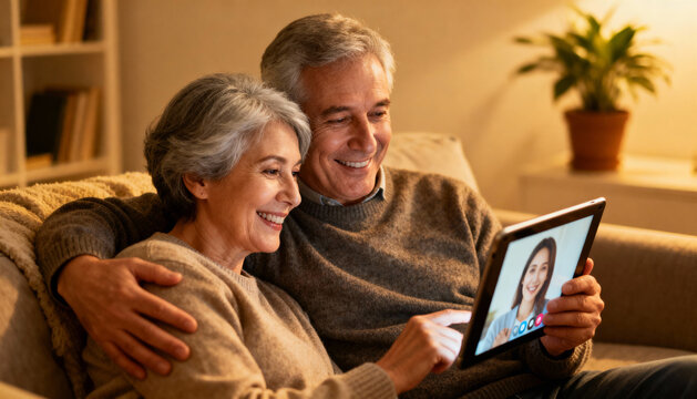 Happy senior couple making video call on tablet to family. Cheerful mature man and woman using technology for remote communication, staying connected with loved ones from home.