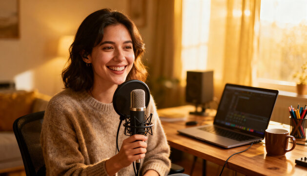 Happy female host speaking in microphone, recording audio podcast. Cheerful content creator live streaming. Woman making voice-over, working at home studio. Podcasting concept.
