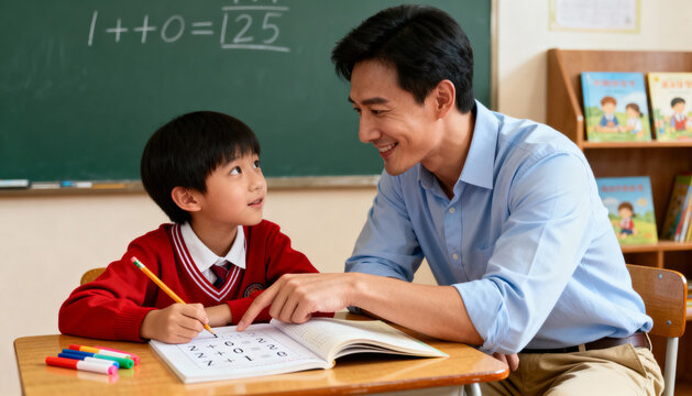 Male elementary school teacher helping young student with learning, classroom education support, child development, school tutoring, interactive teaching moment