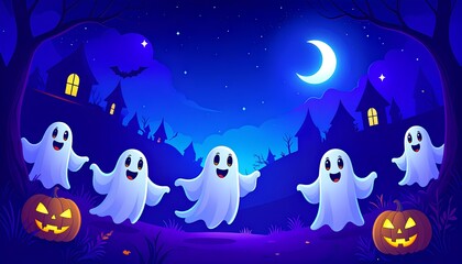 Fototapeta premium cartoon illustration of Halloween night background with cute ghost