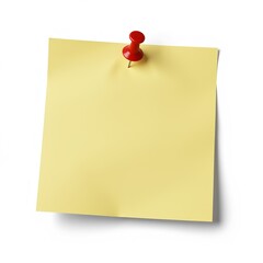 Yellow sticky note pinned with red thumbtack on white background  