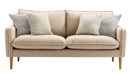 Fototapeta premium Light beige sofa with tufted back and armrests, accented with neutral throw pillows