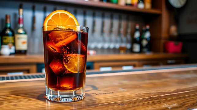 Rich amber whisky and cola fusion in a rustic wooden setting, garnished with a vibrant orange wedge on a vintage-style bar countertop. - Powered by Adobe