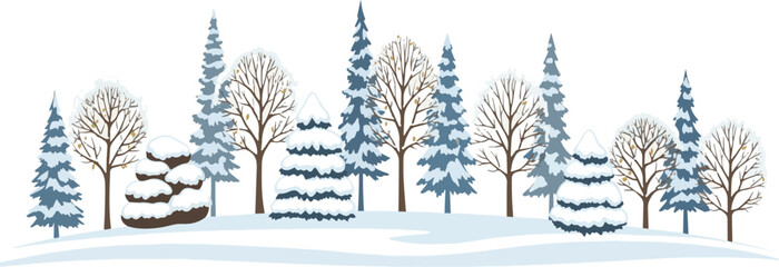 Create a kinds of deferent tree on snow ground, winter vector art with white background.