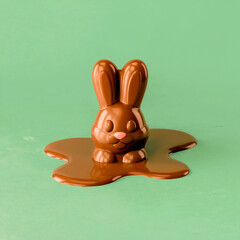 A melting chocolate bunny on a light green background creates a sweet and delicious treat scene