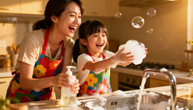 Happy Asian mother and daughter playing with soap foam and bubbles together in bright kitchen at home, joyful family bonding and hygiene concept
