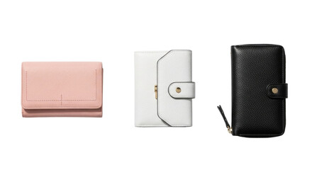 Three leather wallets in different colors isolated cutout transparent png