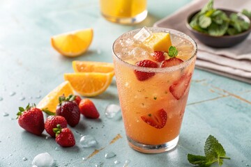 Mocktail or Juice with Condensation, Bright Pastel Background
