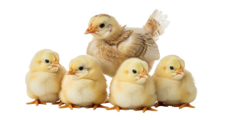 Baby chicks and an older chick isolated on white background cutout transparent png