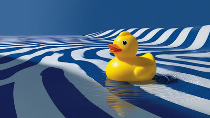 Bright yellow rubber duck floating on wavy blue and white striped surface