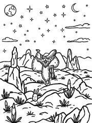 Minimilist a saddle in a desert landscape with mountains, stars, moon, clouds and a small rabbit illustration vector