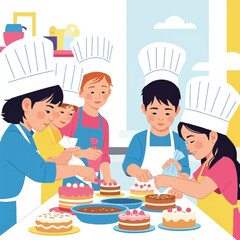 A group of children and adults wearing chef hats decorating cakes with frosting and sprinkles.