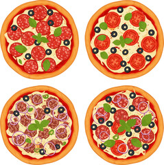 Create a kinds of deferent Fresh pizza with pepperoni, tomato, cheese, olive, sausage, onion, basil. Traditional italian fast food. Top view meal. European snack vector art with white background.