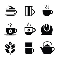 Collection of black coffee and tea related icons including cups beans and teapot coffee cup tea cup