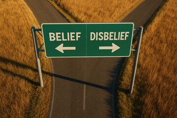 The Crossroads of Faith: Belief vs. Disbelief Directional Sign