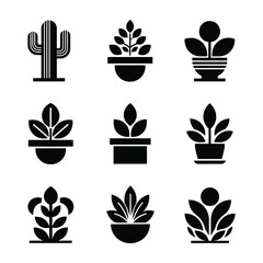 Nine black silhouette icons of potted plants and a cactus vector