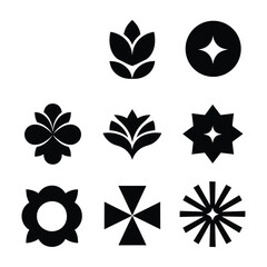 Nine Black Geometric Floral and Starburst Icons on White Background symbol graphic