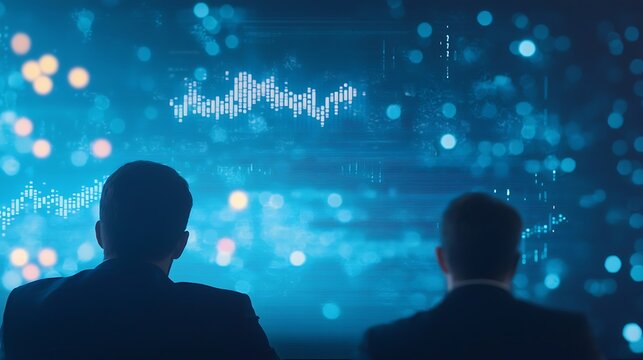 Two businessmen looking at a glowing digital stock market graph on a futuristic screen