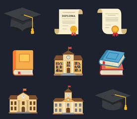 Grid of nine icons related to graduation and education on a dark background