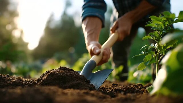 A weathered spade rests beside gardener&rsquo;s hands digging into rich soil reflecting labor agricultural tradition strength and the enduring rhythm of farm work. three quarter wide