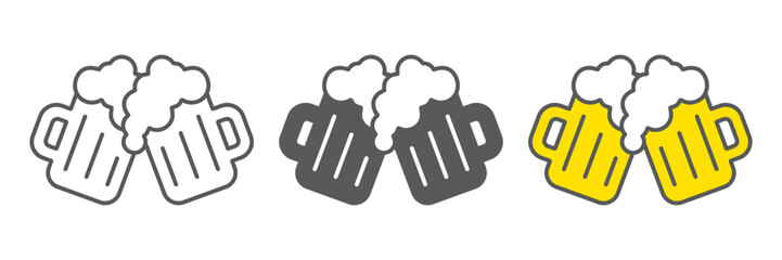 Two glasses of beer icon, st patrick s day and alcohol, toasting beer glasses sign, vector graphics, a linear pattern on a white background, editable stroke.