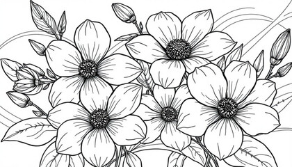 Minimilist detailed line art illustration of a floral arrangement with blooming flowers and buds design element vector