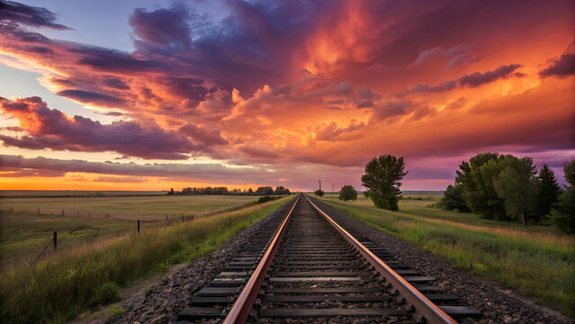 Stunning sunset with vibrant clouds over railway tracks leading to the horizon, evoking journey and adventure under an expansive sky