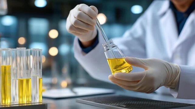 Korean cosmetic chemist&rsquo;s gloved hands mixing organic serums in a sterile beauty lab eco friendly skincare innovation sustainable cosmetic formulation precision beauty crafting