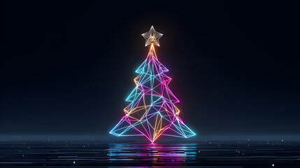 Glowing neon geometric Christmas tree with star on dark background
