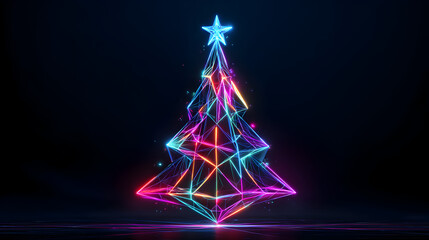 Neon polygonal Christmas tree glowing with star and reflections
