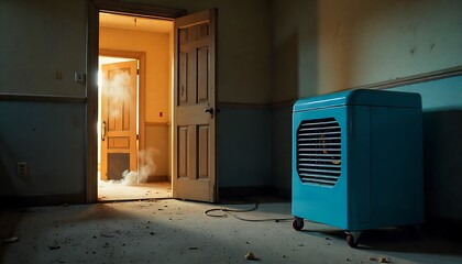  blue air purifier placed in dimly lit room with an open door, Air conditioner, created wth generative ai
