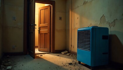  blue air purifier placed in dimly lit room with an open door, Air conditioner, created wth generative ai