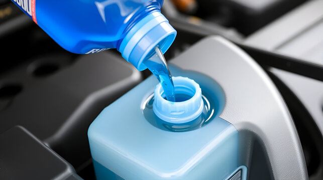 Blue coolant liquid being poured from a bottle into a car"s engine coolant reservoir.