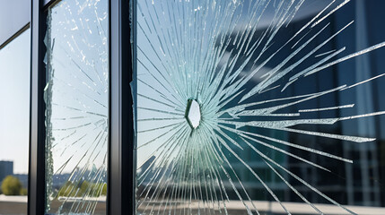 Close up view of vandalized office window with shattered glass vandalism or accident concept