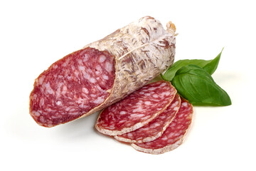 Salami Slice, Basil Herb, isolated on white background
