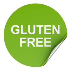 Gluten Free, green sticker with curled corner. 3D rendering