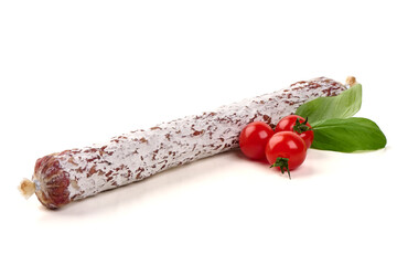 Salami Sausage with Tomatoes and Basil, isolated on white background