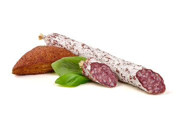 Salami with Basil, isolated on white background